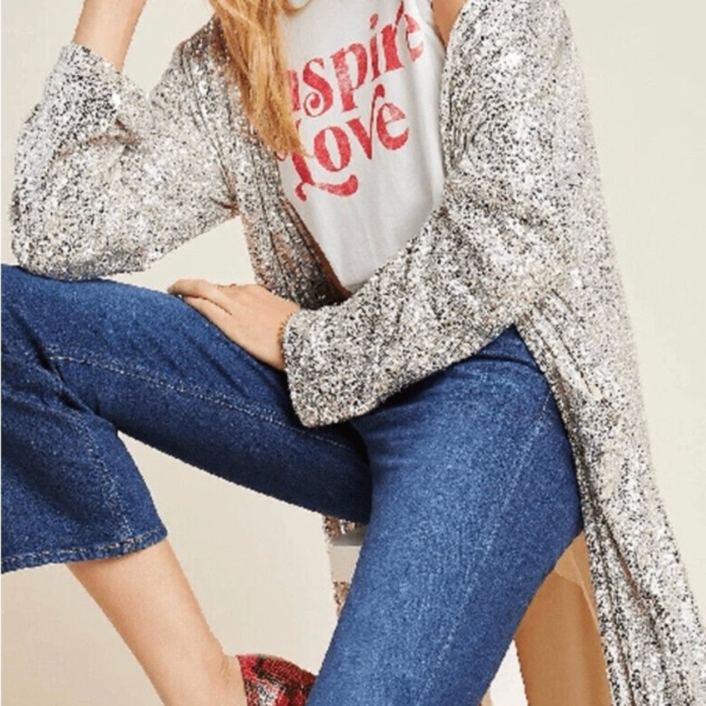 BB Dakota Anthropologie Silver Sequin Duster, Size M